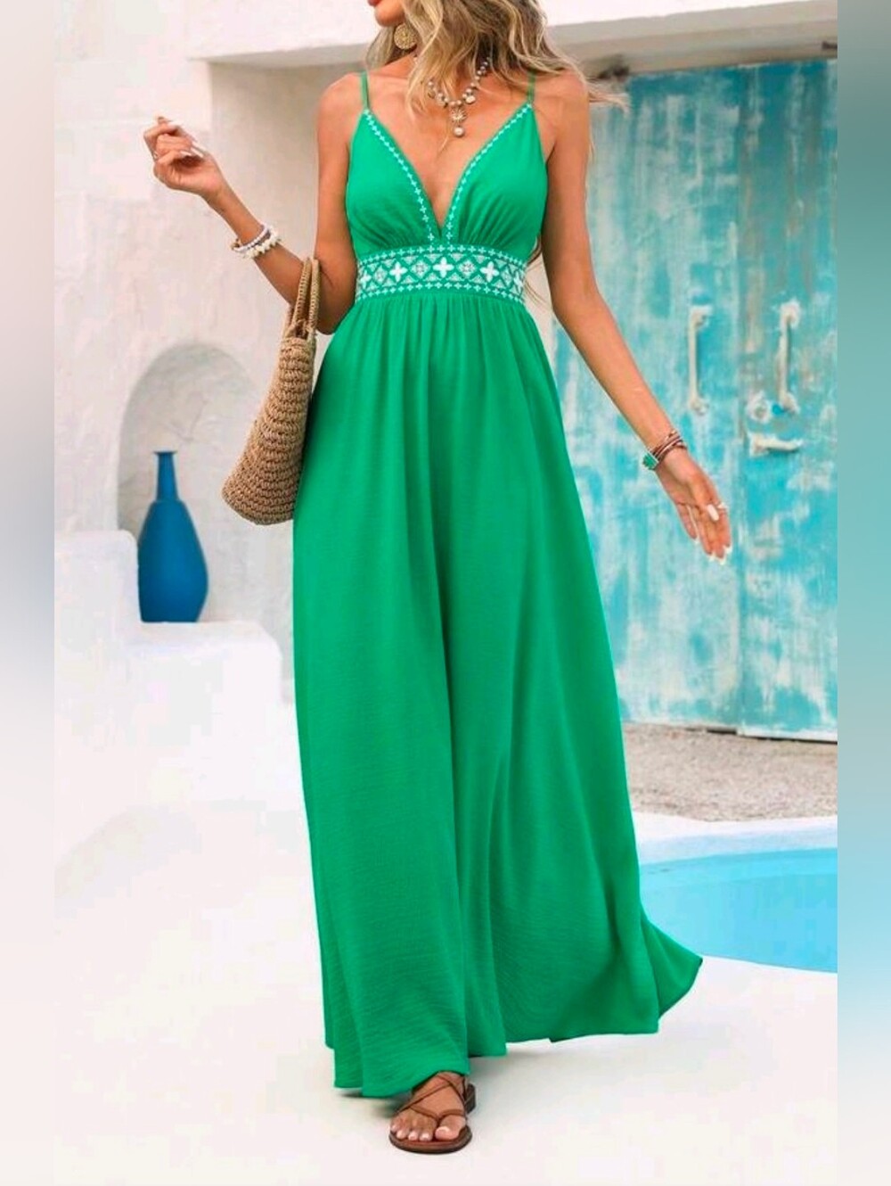 New Boho Embroidered Maxi Dress Green White - Picture 3 of 9